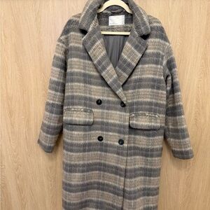OAK + FORT Gray and Cream Plaid Pea Coat